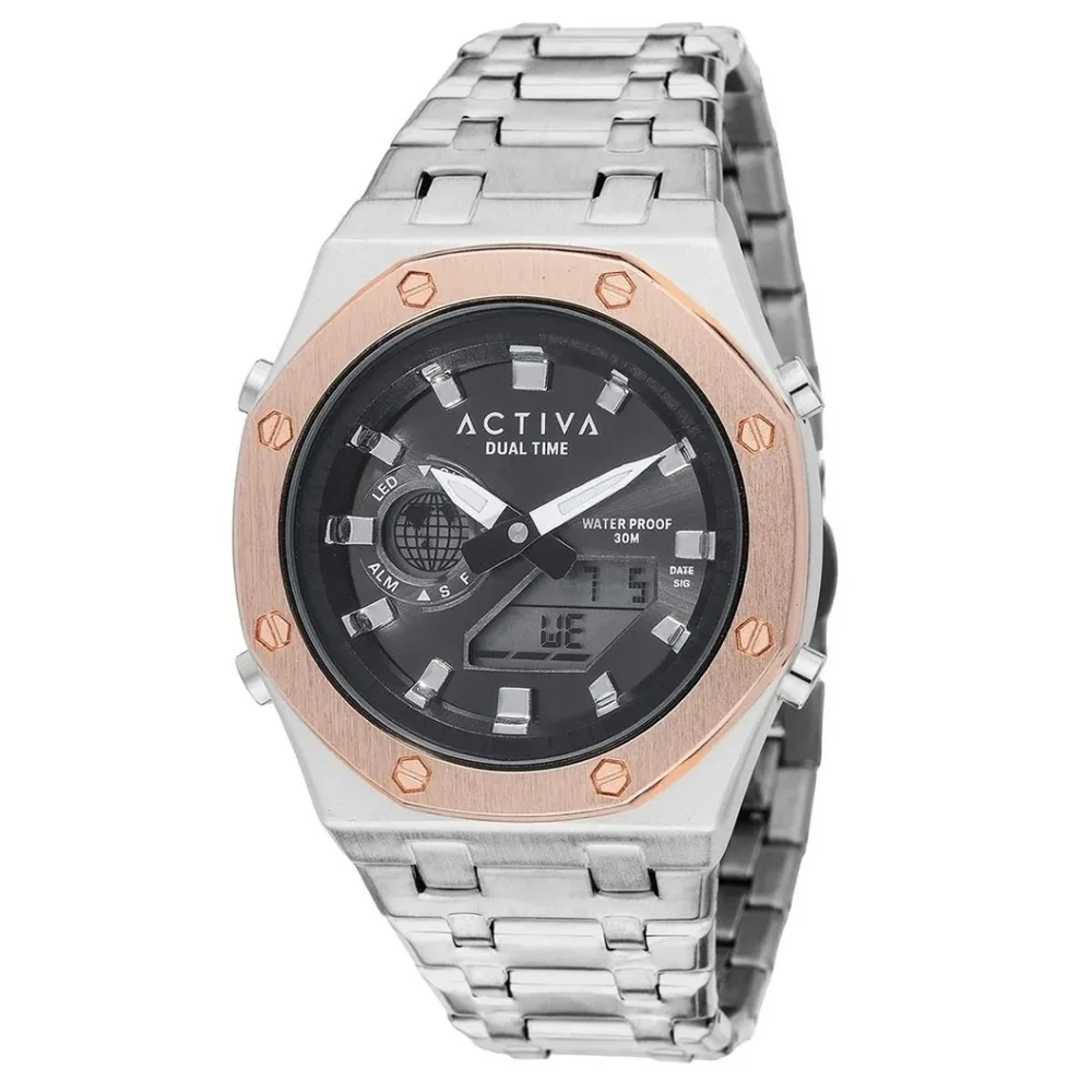ACTIVA Dual Time Chronograph Stainless Steel Watch Rose Gold Bezel ACWM003-004